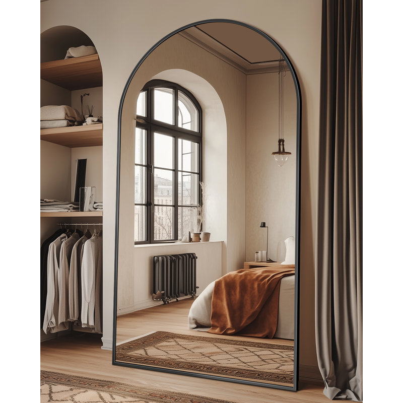 Miroir de plancher noir arqué avec support, miroir autoportant de 38 po x 77 po pour chambre à coucher, 86 po x 46 po, Noir