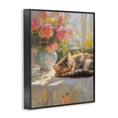 Chaton endormi et vase à fleurs, estampe numérique, design par Nini Art