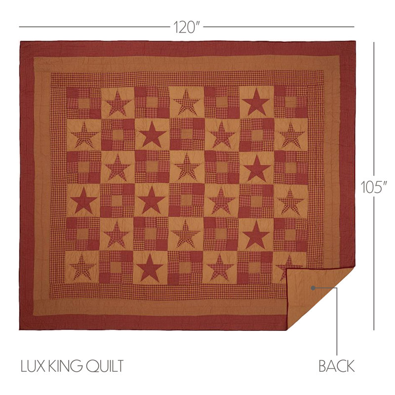 Ninepatch Star Cotton Reversible Farmhouse / Country Quilt, Luxury King Quilt