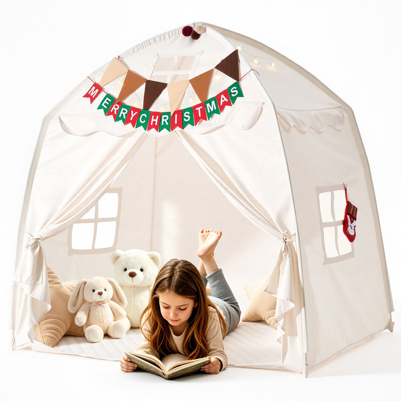 Tente de jeu pour enfants, structure en fibre de verre, matelas rembourré, beige, utilisable à l'intérieur et à l'extérieur, coin lecture/sieste, sac de transport, drapeau, fenêtre aérée, avec guirlande lumineuse étoilée.
