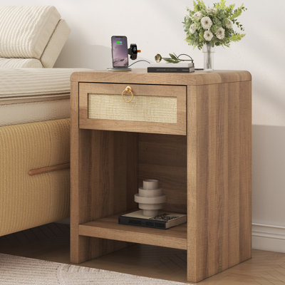 19.58"W Rattan Nightstand Bedside Table, Wood End Tables Night Stand With Charging Station, Nightstand With Drawer And Storage Shelf, Boho End Table F