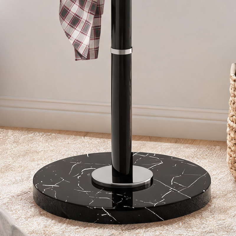 Heavy-Duty Black Metal Coat Rack With Marble Base, 360° Swivel, 16 Hooks, Suitable For Entryway And Office Use., Black