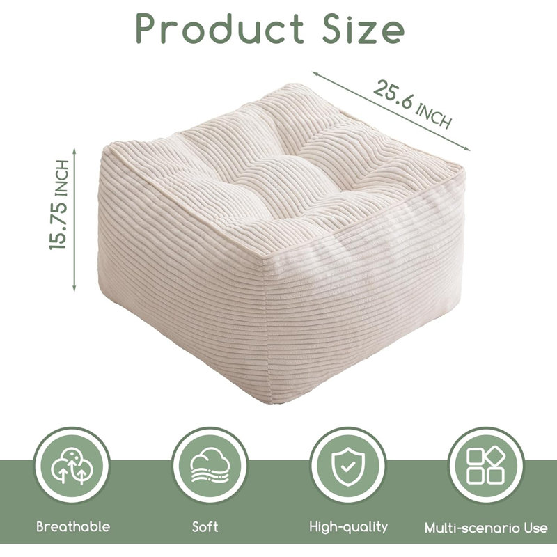 Square Corduroy Pouf Ottoman, Large Floor Cushion Seat with Foam Chunk Filling, Foot Stool for Living Room, Bedroom, Beige