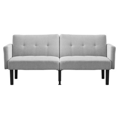 Compact Mid-Century Futon Sofa Bed – Convertible Sleeper Loveseat Couch with Light Gray Fabric for Living Room, Apartment, or Guest Room