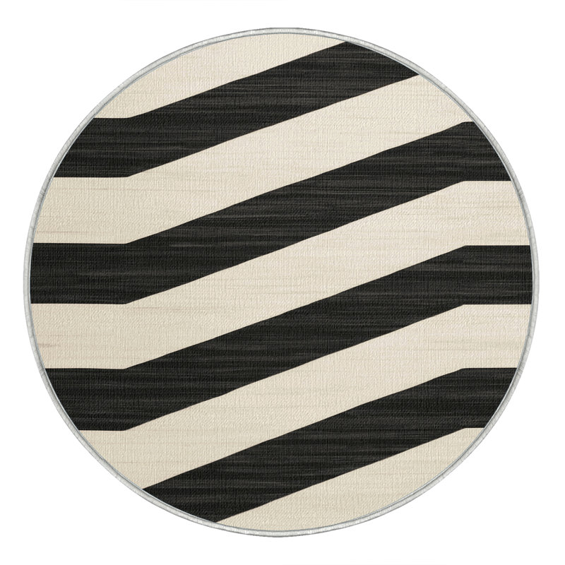 Washable Ivory Charcoal Striped Area Rug, Round 4'