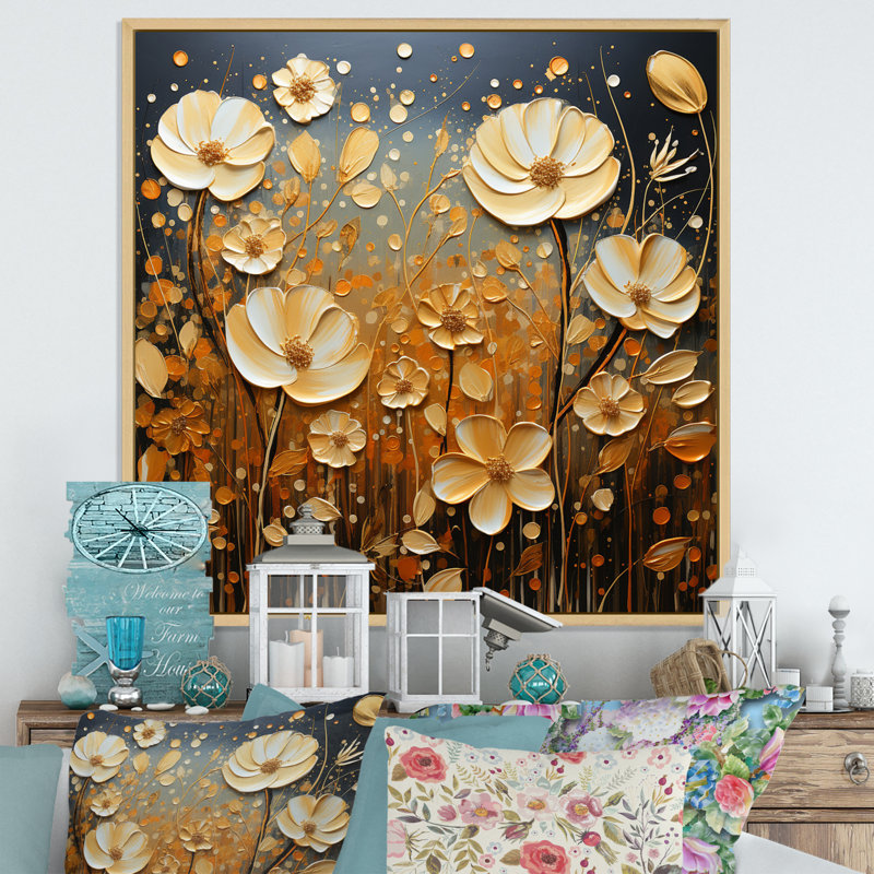«Wildflowers Golden Petals Pointillism Dot» - Art mural sur toile fleurs sauvages, Cadre naturel flottant