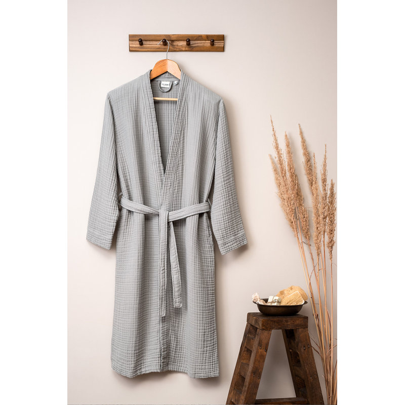 Peignoir 100% coton mi-mollet avec poches, P / M, gris