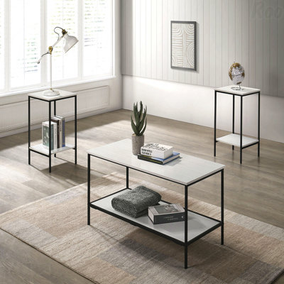 Rustic Style 3Pc Table Set 1X Coffee Table 2X End Table Minimalist Style Two Layered Storage Space White Primary Living Room