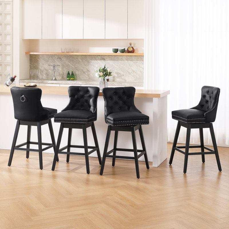 Swivel Bar Stools Set of 4, PU Leather Bar Chairs with Button Tufted Front and Ring Pull Back, 26" Counter Height Stools with Solid Wood Legs for Kitchen Island, Black