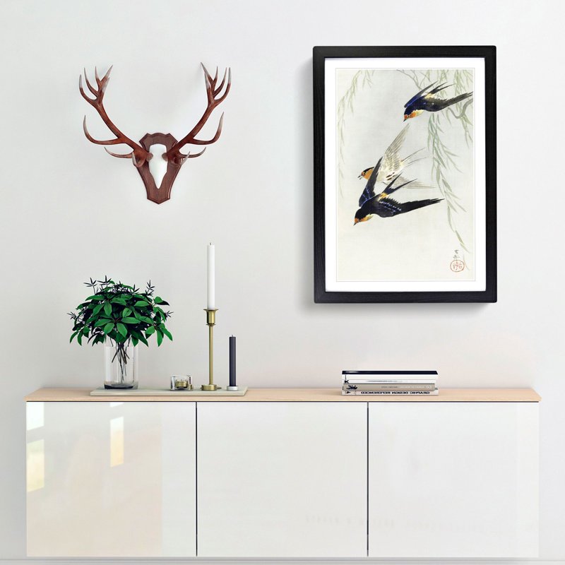 Swallows in Flight by Ohara Koson - Picture Frame Art Print, 48cm H x 36cm W x 2cm D, Black Framed