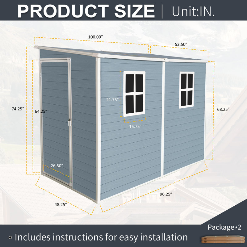 4x8 Resin Outdoor Storage Shed with Floor and 2 Windows Grey