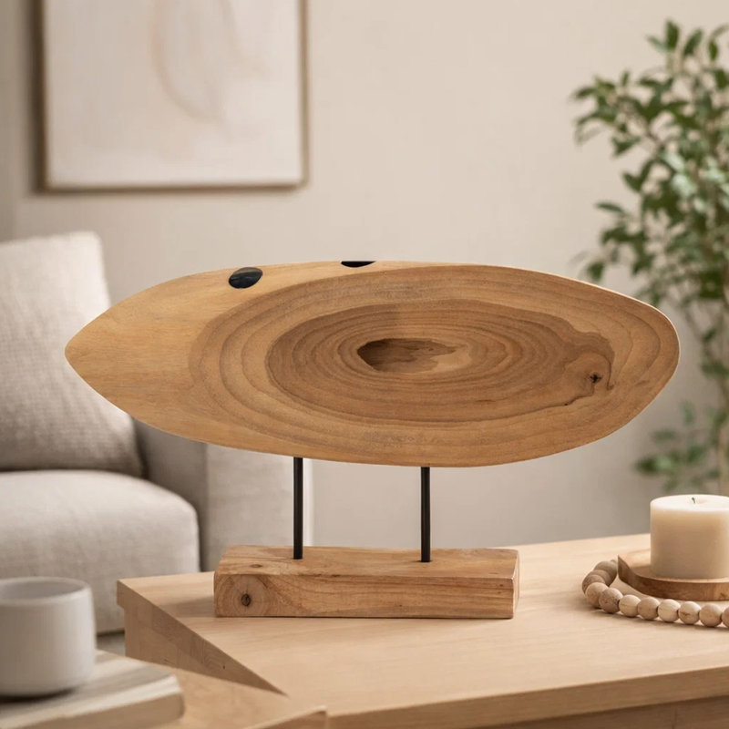 Sculpture ovale abstraite Upin sur base, bois brun, métal noir, 16 po