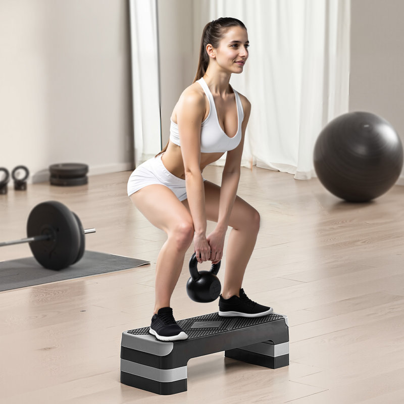 Plateforme d'exercice aérobique, marchepied aérobique d'entraînement de 28 pouces, banc d'entraînement à hauteur réglable avec 4 contremarches, banc antidérapant pour la musculation à domicile, gris