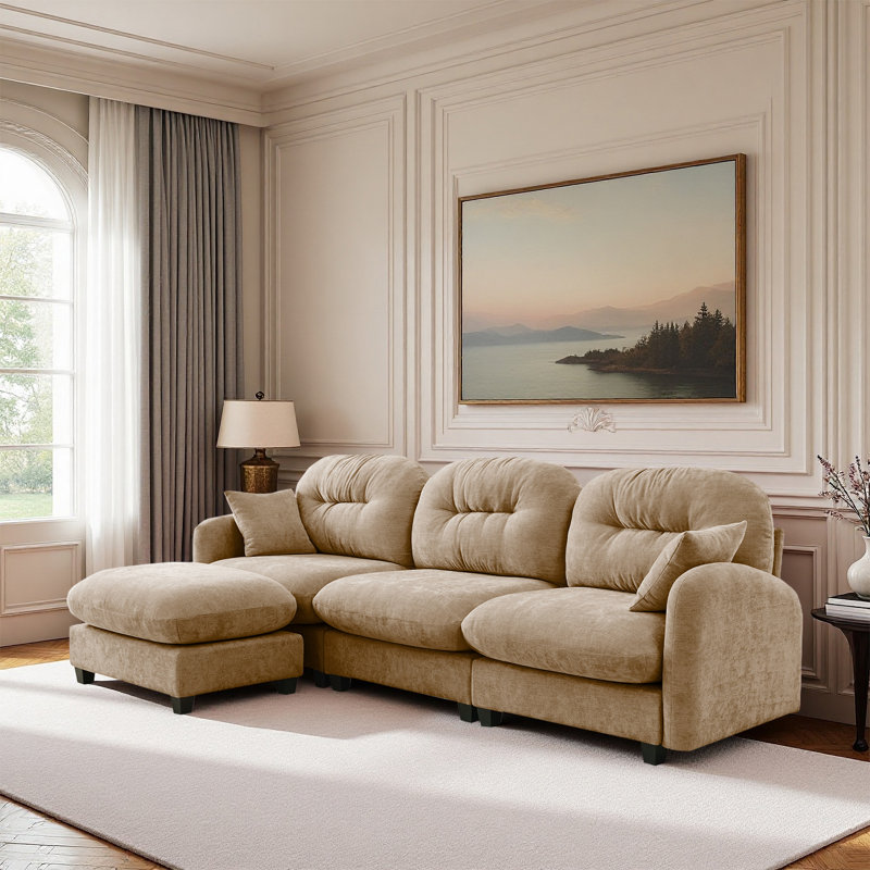 Sectional L Shaped Couch With Ottoman, Chenille Sofa, Camel Chenille