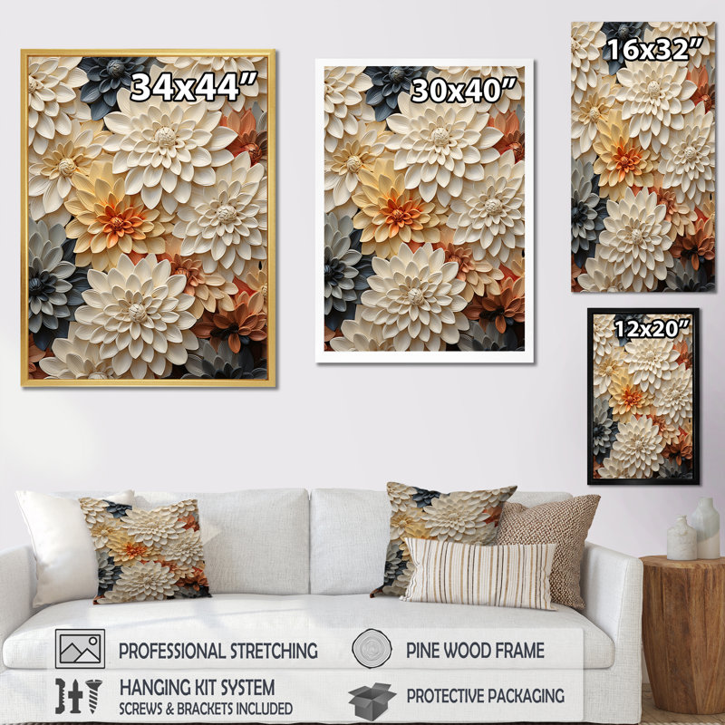 Collage de fleurs de zinnias beiges sur toile, Cadre flottant blanc, 20" H x 12" W