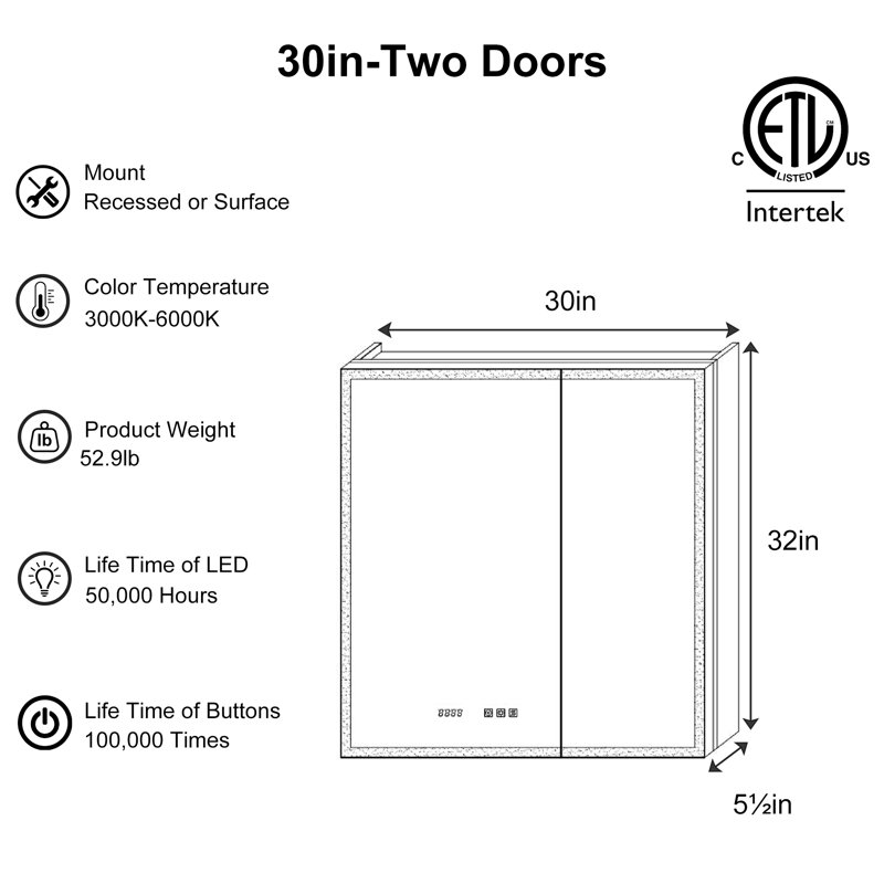 Hendra 30'' W 32'' H Frameless Medicine Cabinet with Mirror and 3 Adjustable Shelves