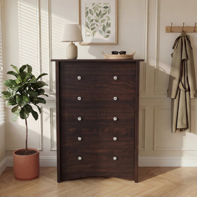 Commode haute brune 5 tiroirs, commode verticale en bois avec glissières lisses et ensemble anti-basculement, rangement pour vêtements de chambre