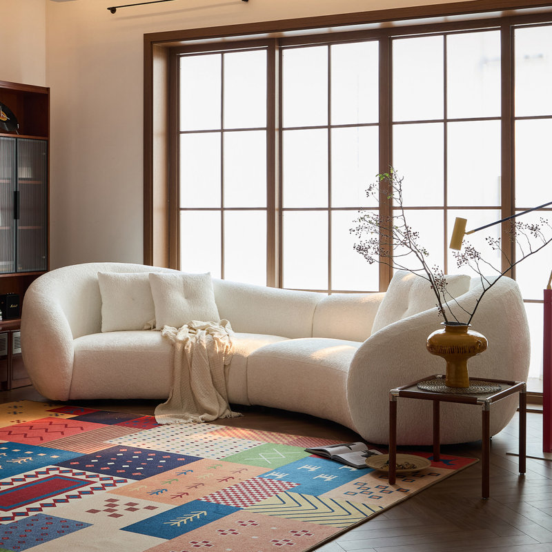 130" Organic Modern Curved Sofa, 3D Cut Chenille Upholstered Modular Sectional, Off-White