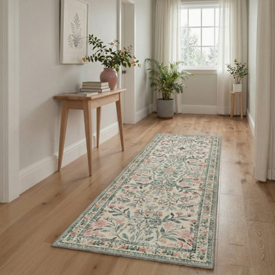 Verdant Floral Vines Machine Washable Green / Pink / Beige Indoor Area Rug with Non-Slip Backing