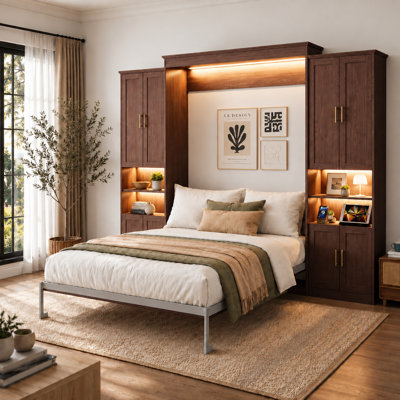 Murphy Bed With Storage Cabinet Shelves, Queen Wall Bed, USB Port and LED Light