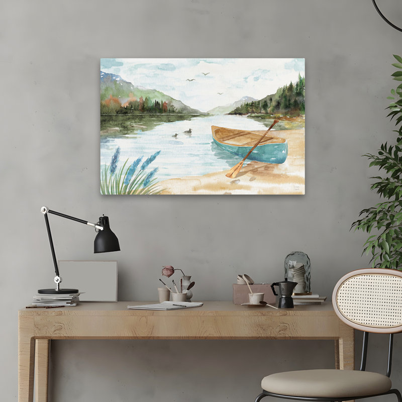 «Lake Love I» contemporain bleu gris plage d'automne, H 24 po x l 16 po