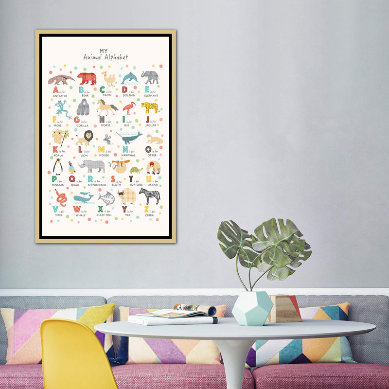 Animal Alphabet - impression d'art graphique, H 60 po x l 40po x P 1,5 po, Pas de tapis, Toile encadrée d'or