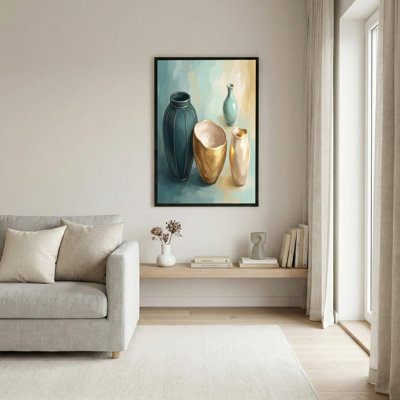 Art mural en toile sarcelle et or sur fond doux