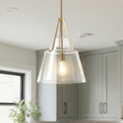 1-Light Brushed Brass Glass Single Pendant Light With Gray Cone Shade And Adjustable Downrod