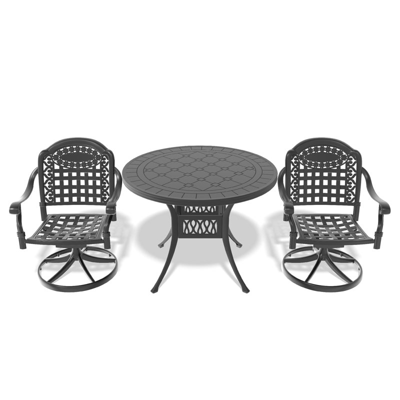 Ensemble de salle à manger 3 pièces en aluminium coulé toutes saisons comprenant 2 chaises pivotantes et une table ronde de 39,37 po avec structure noire