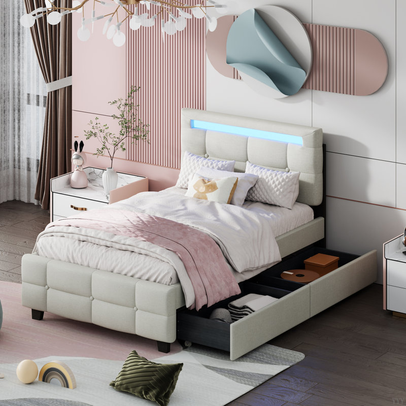 Lit plateforme tapissier avec structure à DEL et 2 tiroirs, tissu en lin, Beige