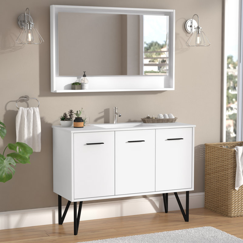 Almaraz Freestanding Standard Single Vanity Bathroom Vanity With Stone Top with Mirror, Gloss White