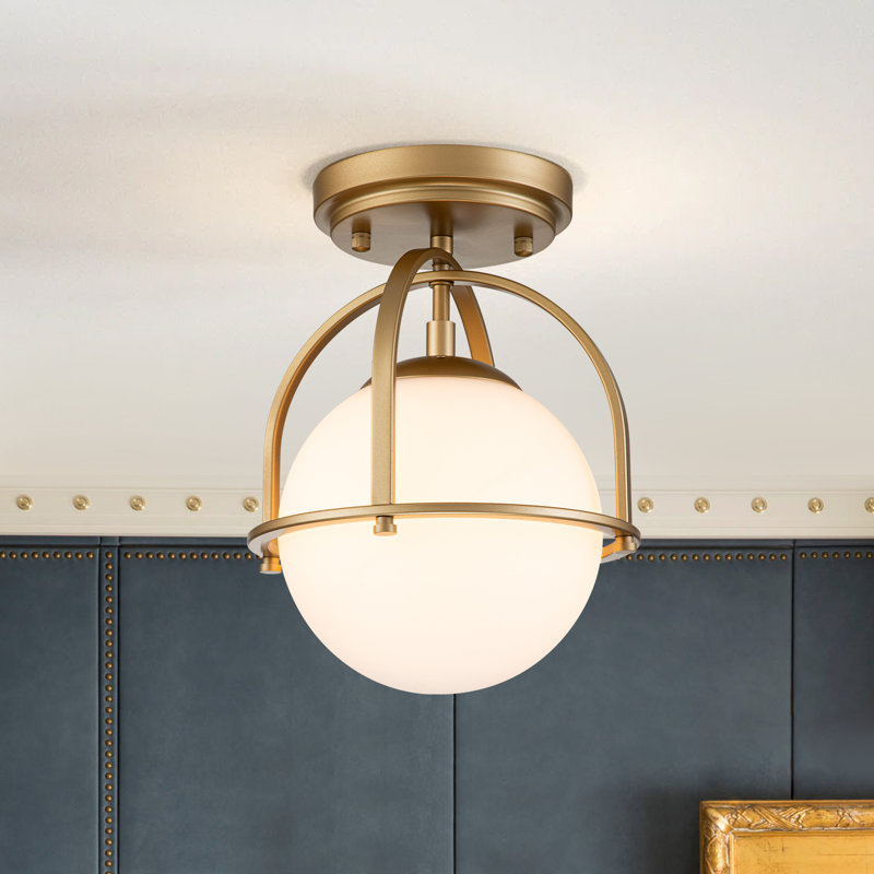 1 - Light Globe Semi Flush Mount, Gold, 11.81" H x 8.66" W x 8.66" D, White