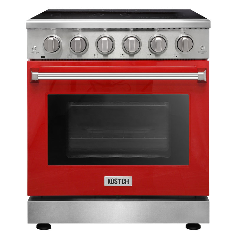 Cuisinière électrique professionnelle de 5 po avec 5 éléments chauffants de 4,5 po Pi. Capacité du four à convection, four à plateau en verre lisse, rouge
