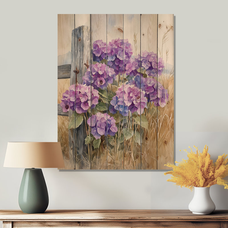 Hortensias à la clôture de la ferme I - Décoration murale en bois d'hortensias - sur bois de pin naturel