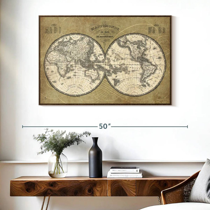 Carte du monde français I, Cadre flottant noyer, 43 po x 29 po