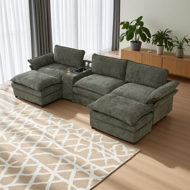 U Shaped Modular Sectional Sofa,Storage Console  Wireless Charging,2 Cup Holders,Bluetooth Speakers, Green Chenille