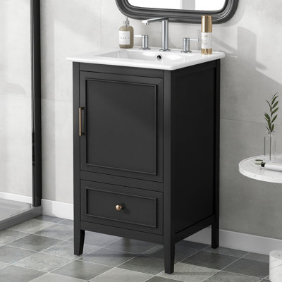 Meuble-lavabo de salle de bain noir 20 po - construction, rangement pour tablette de porte, tiroir, finition peinte imperméable, butoir magnétique, largeur de l'ensemble de 23,5 po avec porte d'armoire, repose-pieds réglables, eau