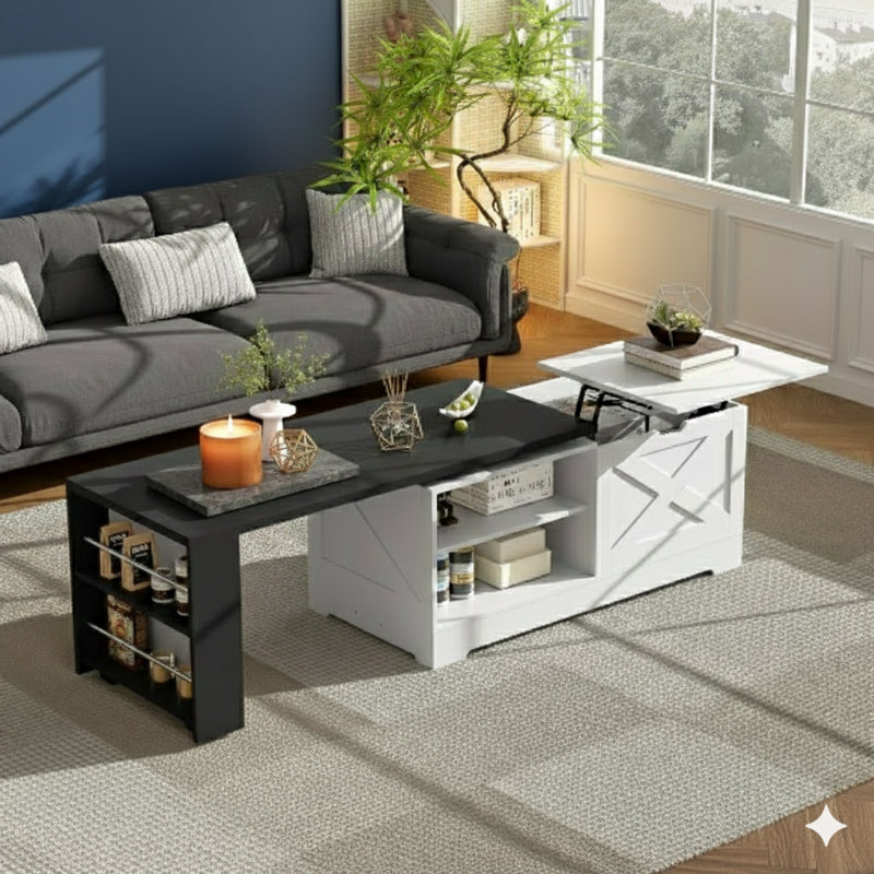 Table basse rectangulaire rustique avec plateau relevable et portes de style grange. Offre de grands espaces de rangement dissimulés et une niche ouverte, convenant aux salons, aux chambres ou aux bureaux à domicile.