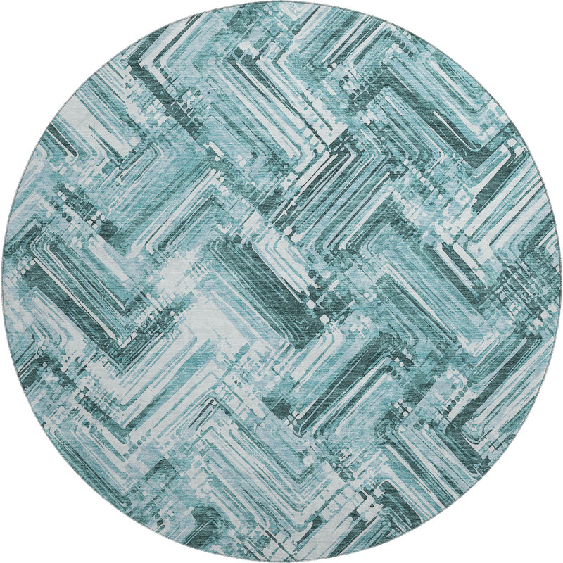 Tapis bleu sarcelle lavable à la machine Premium Cerrito, Rond 8 pi