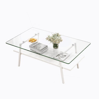 Rectangle Coffee Table, Tempered Glass Tabletop With Metal Legs