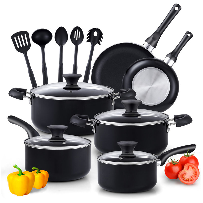 15-Piece Black Nonstick Aluminum Cookware Set with Glass Lids
