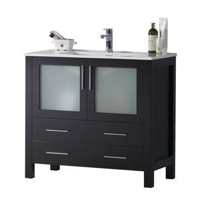 Meuble-lavabo en bois massif avec lavabo en céramique 36 po Blossom | Meuble-lavabo sur pied à simple cuve | Tiroirs à fermeture en douceur et portes en verre trempé