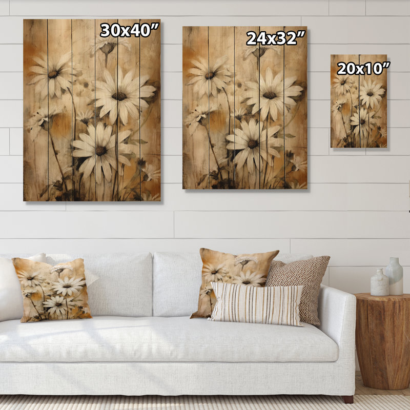 Fleur de marguerites brunes rétro I sur bois, H 20 po x l 10 po x P 0,78 po