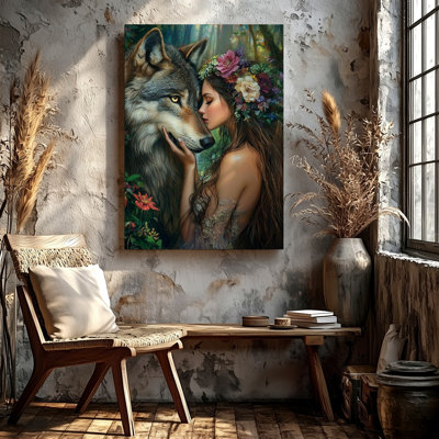 «Woman Wolf Forest Room», reproduction d'art sur toile, fantaisie, portrait floral
