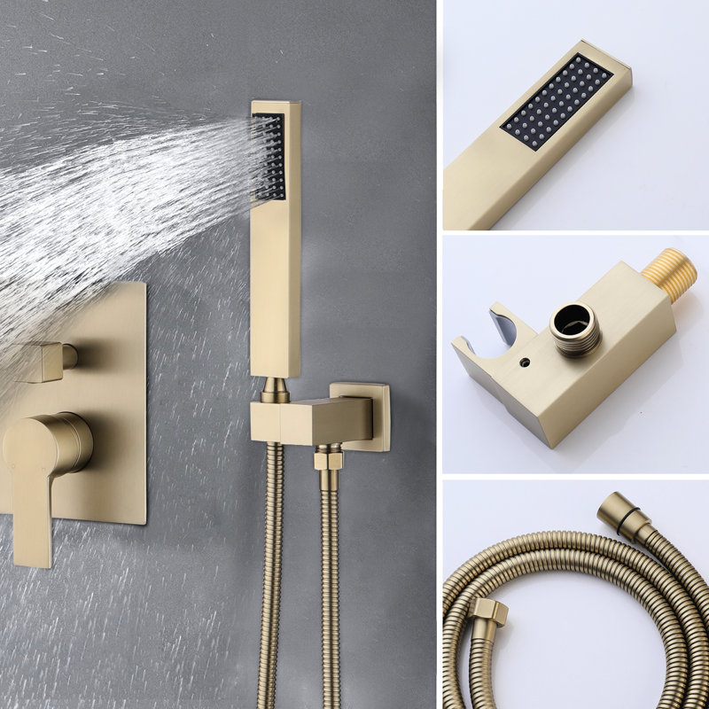 Système de douche complet, tête de 12 po, portatif, fixation murale, disque en céramique, équilibre, aspect gracieux, aspect or brossé attrayant,