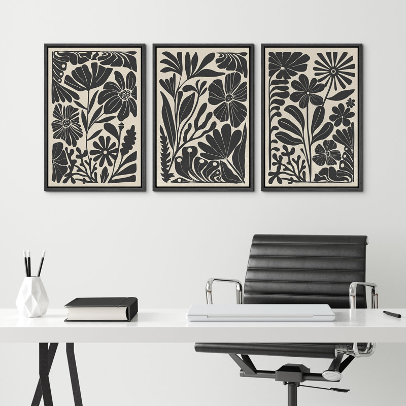 Abstract Botanical "Boho Black And Beige Floral Artwork, Mid-Century Modern Living Room Wall Pictures, Framed Canvas Giclée Print 3 Pieces Wall Art" 16"x24"x3 pcs, 24"x36"x3 pcs, 20"x60"x3 pcs