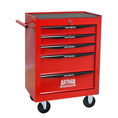 Rolling Metal Tool Box With 5 Drawers, 20 Inch Red