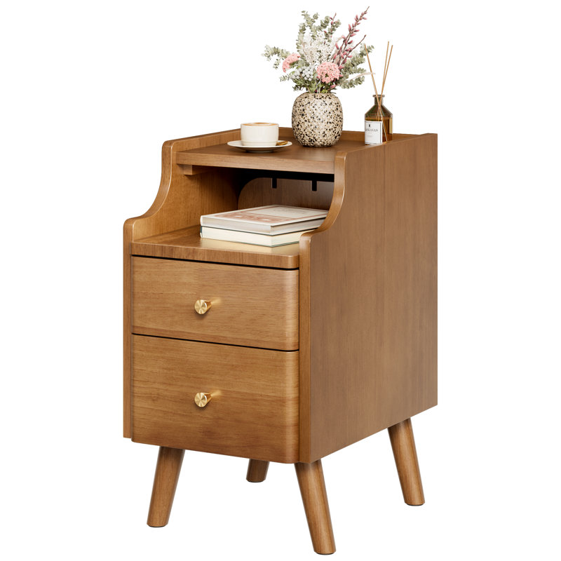 Table de chevet étroite, table de chevet en bois massif avec 2 tiroirs, table de chevet moderne en noyer du milieu du siècle, petite table d'appoint avec étagère de rangement ouverte pour chambre à coucher (12 pouces)