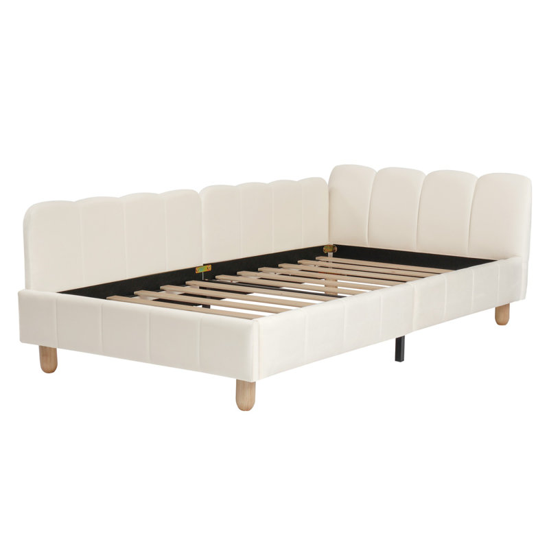 Velvet 3FT Single Upholstered Bed with Safety Rail, Adjustable Armrests, Solid Rubberwood Legs, 90x190 cm, Beige