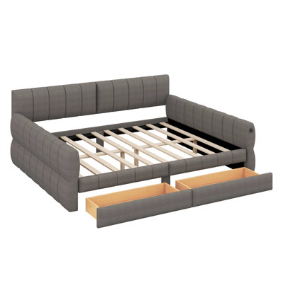 Queen Size Upholstered Platform Daybed With Two Storage Drawers, Lambswool Upholstered Bed Frame With USB, No Box Spring Needed by Latitude Run